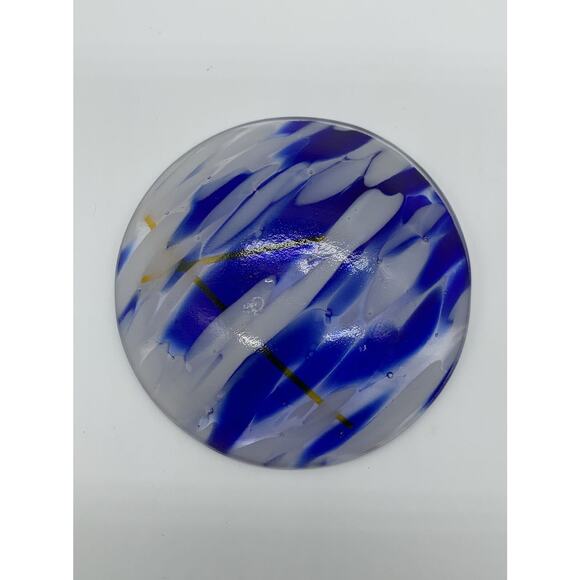 Cobalt Blue White Mottle Art Glass Trinket Dish Bowl 1” x 4" With Yellow Accent - Picture 7 of 9
